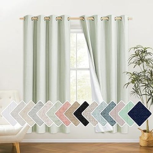 NICETOWN Sage Green High-End Thermal Flax Linen Curtains, 52" Wide Per Panel, Set of 2, Full Blackout Privacy Drapes 72 Inches Long for Dining Room, Soundproof Window Treatment Panels for Hall Room