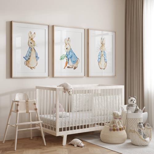 Set of 3 - Peter Rabbit Inspired Prints for Baby Boy Nursery, Bunny Rabbit, Printed or Digital, Blue, Wall Prints, Decor, Art, personalised