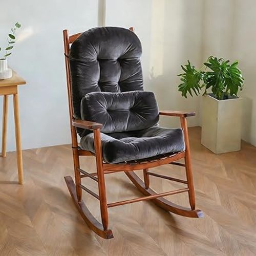 Rocking Chair Cushion Indoor Large Chair Pads Set with Ties Extra Lumbar Pillow Premium Dutch Velvet High Resilience Filler Non-Slip Bottom, Grey