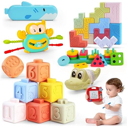 8-in-1 Montessori Baby Toys for 6-12 Months,Babies Travel Toy Set with Stacking Blocks, Pull Teether, Sensory Shape Sorter, Drawing Board & Harmonica, Infant Learning Gift for Toddler 1-3 Year Old