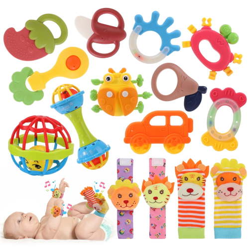 KABOER 18 Pcs Baby Rattles 0-6 Months, Baby Wrist Rattles & Foot Finders Sock, Newborn Hand and Foot Rattles/Teething Toy for Babies, Newborn Baby Boy Girl Rattles Gifts Set