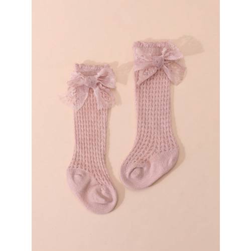 1 Pair Baby Girls' Sweet Cute Lace Bow Decor Cotton Mesh High Socks, Spring/Summer