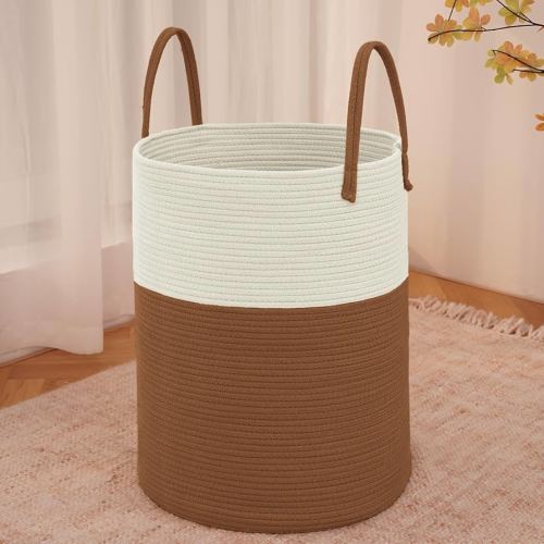 Large Woven Laundry Basket Hamper,60L Cotton Rope Storage Bin for Blankets,Toys and Clothes,Decorative Tall Nursery Hamper for Living Room,Baby Nursery,Bathroom and Bedroom,White and Brown