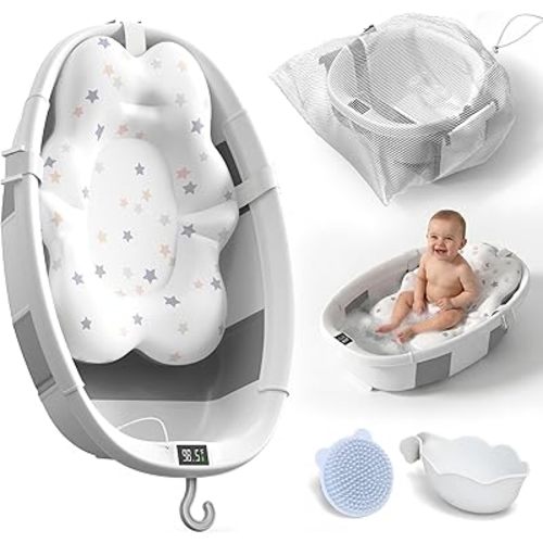 Collapsible Baby Bathtub - Large Baby Bath Tub with Thermometer | Bath Essential Bañera para Bebe Easy Fold Baby Tub | Travel Infant Newborn Toddler Bathtub for Baby Girl Boy 0 to 36 Months (Grey)