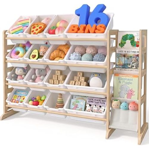NUTIKAS Toy Storage Organizer with Bookshelf - Wooden 16 Bins Kids Toy Organizer Rack, Solid Pine Wood, Toys Box for Toddler, Playroom, Living Room, Bedroom, Nursery