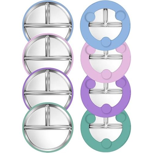 Watelife 4 Pack Stainless Steel Suction Plates for Toddlers with Removable Silicone Suction- 9” Divided Kids Baby Plates with Silicone Sleeves Non-Slip 2-in-1 Anti Breakage Snack Dishes