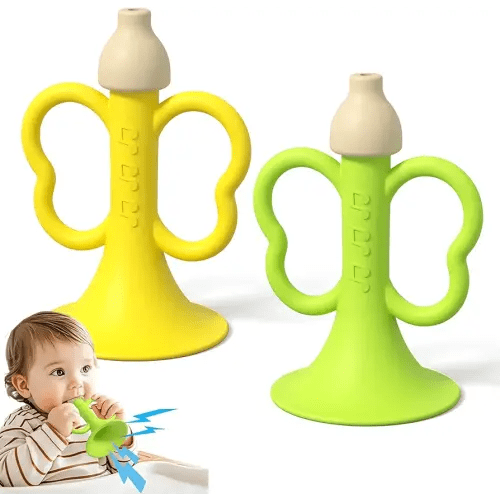 Baby Trumpet Toy 6-12 Months, Silicone Baby Horn Blowing Toy with 2PCS Yellow Green for Teething Sensory Play, Infant Easy Grip Teether Whistle Toys 0-6 Months, Toddlers Newborn Gift