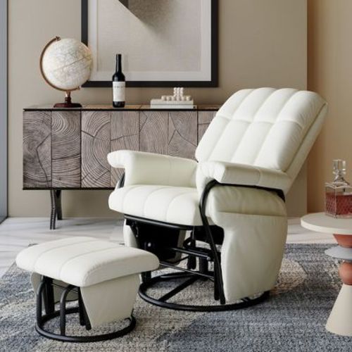 TYBOATLE White Swivel Rocking Glider Chair with Ottoman, Water-proof Faux Leather Ergonomic Nursing Glider for Nursery and Bedroom