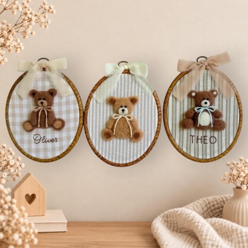 Custom Teddy Bear Nursery Hoop | Personalized Name Sign | Needle Felted Baby Room Wall Decor