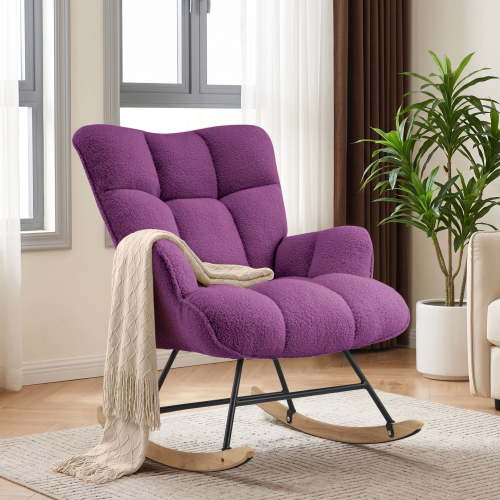 AUNEKIV Nursery Rocking Chair, Teddy Accent Armchair with High Backrest, Upholstered Glider Rocker for Living Room, Bedrooms, Playroom, Purple