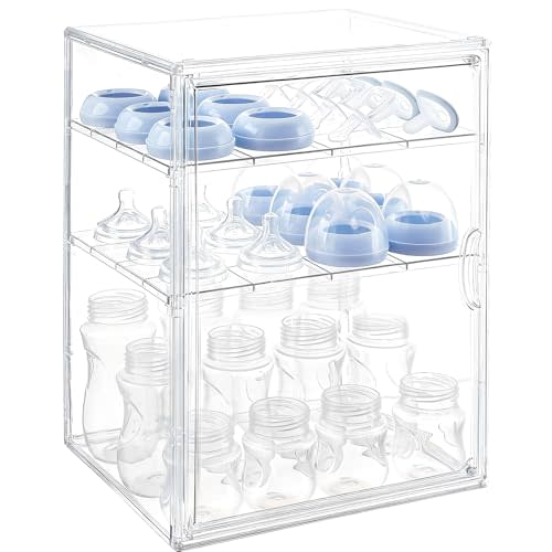 keyunchengbao Baby Bottle Organizer, 3 Tiers Adjustable Clear Acrylic Baby Bottle Storage Organizer with 3 Removable Dividers and Magnetic Door, Suitable for Countertop and Kitchen