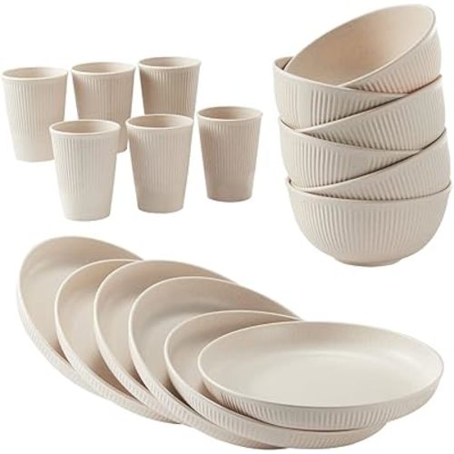 18pcs Wheat Straw Dinnerware Sets HXYPN Unbreakable Reusable Dinnerware Set Kitchen Cups Plates and Bowls Sets Dishwasher Microwave Safe Plates