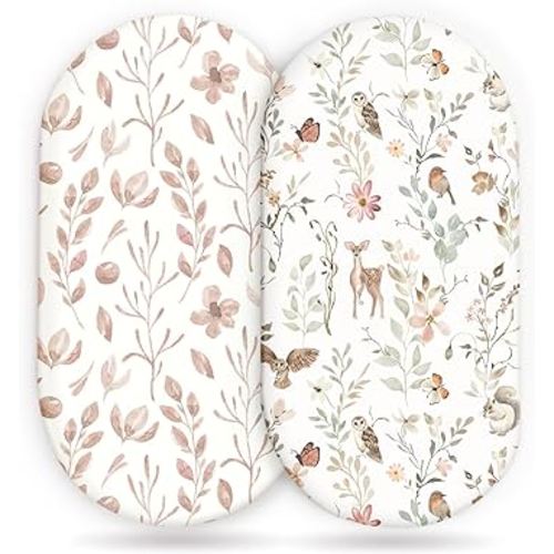 Stretchy Ultra Soft Fitted Bassinet Sheet Set 2 Pack, Universal Fit for Bassinets Baby Cradle Moses Basket Oval Rectangle Mattress Safe and Snug, Beautiful Blush Pink Floral and Cute Animals Print