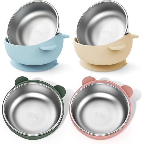 Stainless Steel Baby Bowls with Suction, 2-in-1 SUS304 Toddlers Bowl & Removable Silicone Suction Kids Bowl, Anti Scald Non Toxic Snack Container for Baby Food Feeding, Morandi Set of 4