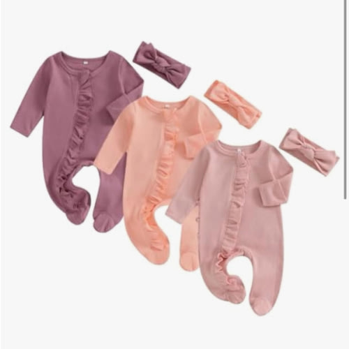 Merqwadd Baby Girl Zipper Pajama Footies 3 Pack Ruffle Sleeper Coming Home Infant Cotton Clothes