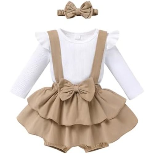 YOUNGER TREE Baby Girl Clothes Winter Outfit Long Sleeve Romper Newborn Fall Corduroy Suspender Skirt Set with Headband
