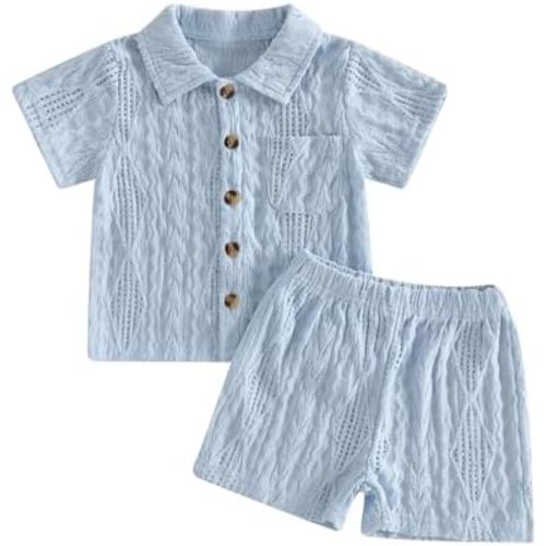 Thorn Tree Toddler Boy Outfit Button Down Shirt Short Sleeve Tops Elastic Waist Shorts Solid Baby Clothes Summer Outfits