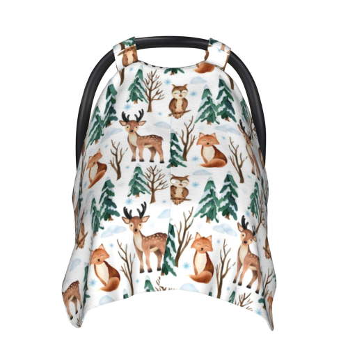 Car Seat Cover Baby, Winter Woodland Friends Baby Car Seat Cover for Baby Boys Girls Newborn , Infant Car Seat Canopy Cover Nursing Breastfeeding Cover Warm Blanket