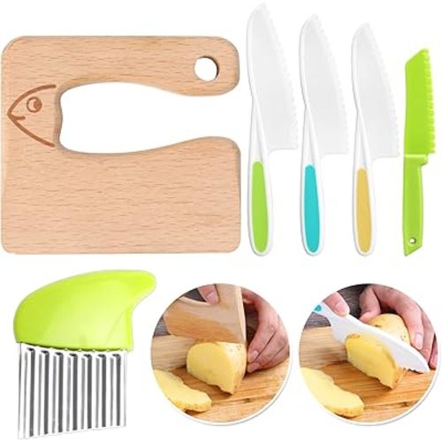 6 Pieces Kids Knife Set Include Wooden Toddler Knive Kids Safe Knifes for Real Cooking Kids Knifes Plastic Serrated Edges Children Knife Potato Slicers Cooking Knives for Kitchen