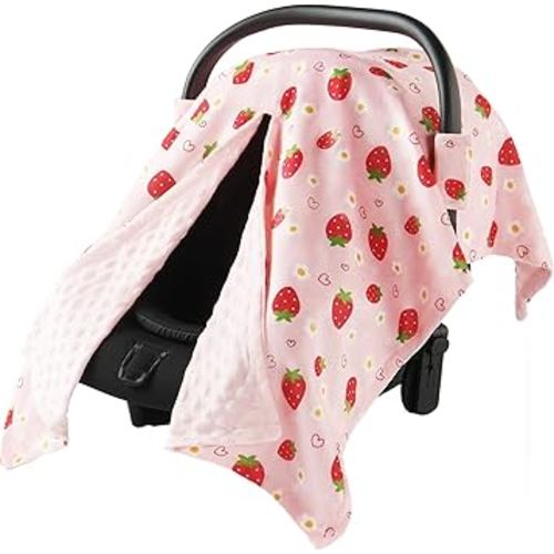 Car Seat Cover Baby, Carseat Covers Baby Boy, Minky Infant Car Seat Cover Winter, Peekaboo Opening Car Seat Canopy, Multi-use Baby Carrier, Stroller, Nursing Cover - Pink Strawberry