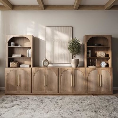 BELLEZE 6-Piece Modular TV Stand, Entertainment Center with Double-Arc Wood Door and Storage Hutch Cabinets, Classic Modern Media Console Table for Living Room Dining Room (Camel)