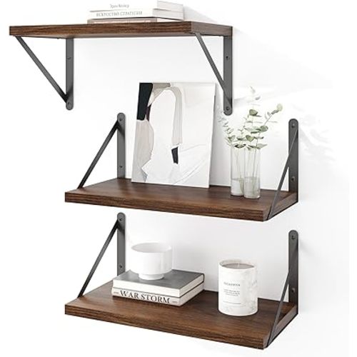 Heimlove Floating Shelves for Wall Set of 3,Light Wood Wall Mounted Bookshelf Decorative Shelf for Living Room Bathroom Bedroom Kitchen Laundry Pictures Plants Books Cats TV,Walnut Color
