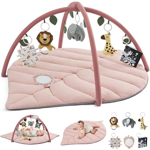 Blissful Diary Baby Play Gym & Activity Mat, Oversize Leaf Shaped Tummy Time Baby Play Mat w 6 Detachable Toys Promotes Motor Skills & Sensory Development, Newborn Infant Essentials Gift, Crystal Pink