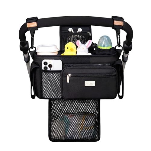 TOPDesign Universal Baby Stroller Organizer with Detachable Mesh Bag, Insulated Cup Holders & Non-Slip Hooks - Fits for Uppababy, Britax, BOB, Pet & Most Strollers