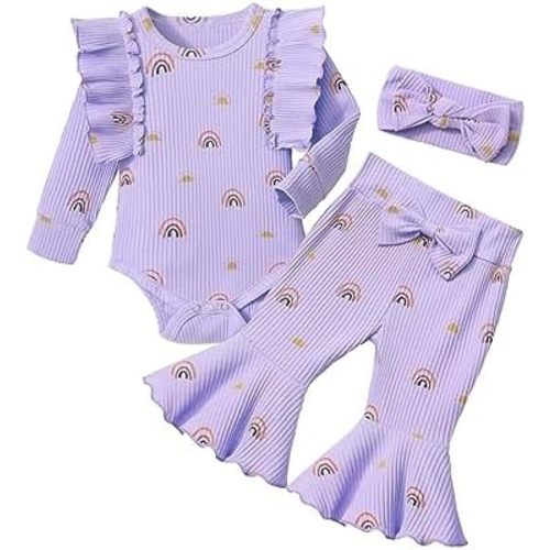 Newborn Baby Girl Clothes Rainbow Ruffle Long Sleeve Romper Bell Bottoms Headband Fall Winter Outfits 3Pcs
