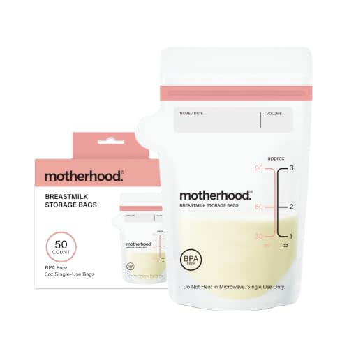 Motherhood Maternity Breastmilk Storage Bags, 3 oz, 50 Count – Leak Proof Breast Milk Freezer Storage Bags, Pre-Sterilized & BPA Free, Self-Standing & Flat Lay