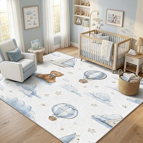 Baby Rugs for Nursery Teddy Bear Rug, Washable 5x8 Rug for Living Room, Hot Air Balloon Patterned Indoor Carpet, Teddy Bear Cartoon Decor for Home, Bedroom, Soft Non Slip Thin Design GER89