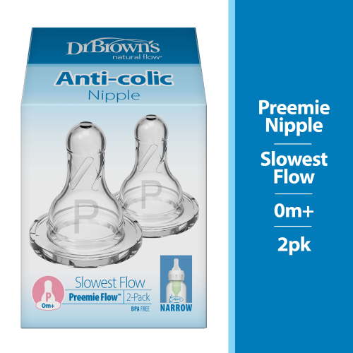 Dr. Brown's Natural Flow Preemie Flow Narrow Baby Bottle Silicone Nipple, Slowest Flow, 0m+, 100% Silicone Bottle Nipple, 2-Pack