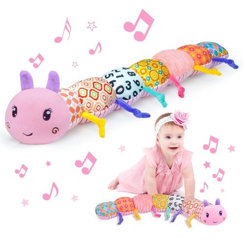 Baby Infant Musical Toy Soft Stuffed Animal Toy with Multi Textures,Rattle,Crinkle,Newborn Baby Toy for 0 3 6 9 12 Months Girls Boy Gift,Caterpillar,Pink