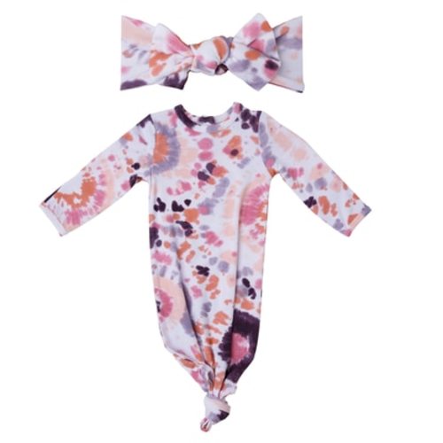 Knotted Gown & Bow Set, Purple Haze Ray Tie Dye