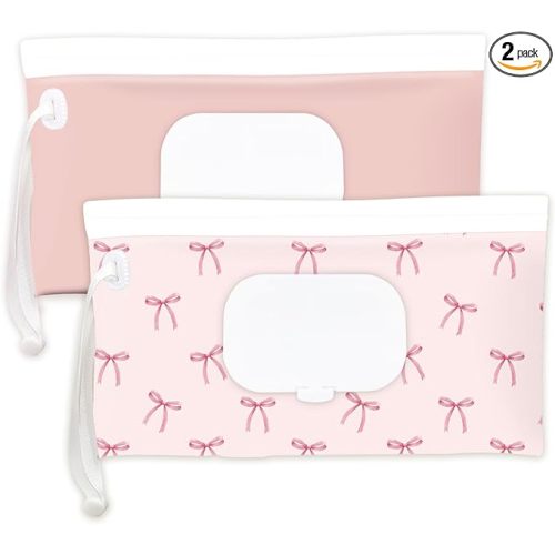Wipe Dispenser and Wipes Container, 2 Pack Reusable Wipes Holder and Travel Wipes Case, Refillable Pouch for Baby Essentials, blush& bow Design (Blush)
