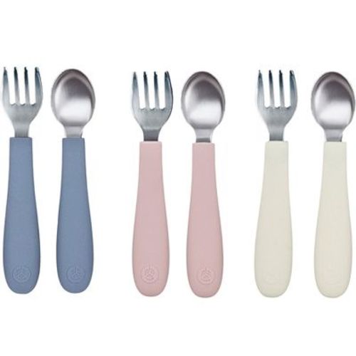 WeeSprout Toddler Utensils, 3 Forks & 3 Spoons, 18/8 Stainless Steel & Food Grade Silicone - Matte Blue, Pink, Off White
