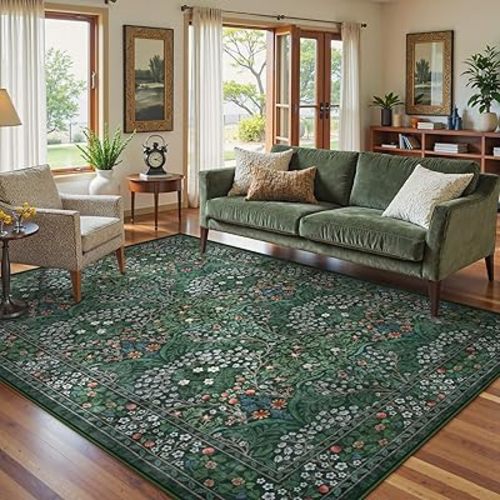 Lahome Floral Washable 6x9 Area Rugs, Soft Green Bedroom Rug for Living Room Ultra-Thin Non Slip Dining Room Rug, Stain Resistant Boho Easy Clean Throw Carpet for Office Giverny, Dark Green