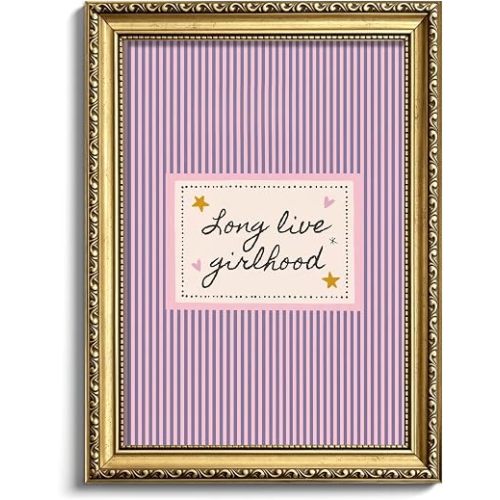 Gold Framed Vintage Girlhood Wall Art, Pink Striped Quote Picture Wall Decor, Coquette Girls Room Canvas Prints, Retro Nursery Poster Paintings for Bedroom Playroom Kids Room Decor 12x16in