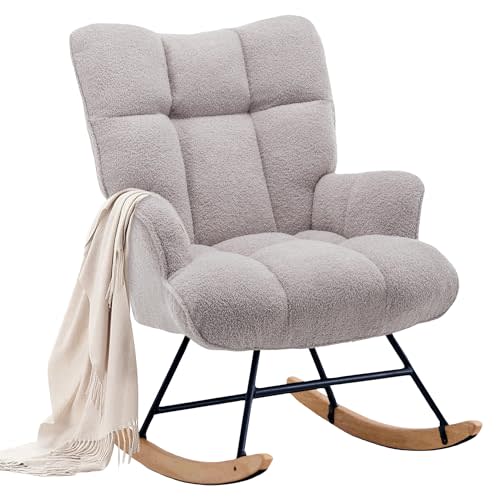 Zedachica Rocking Chair Nursery Teddy Upholstered Glider Rocker Rocking Accent Chair Padded Seat with High Backrest Armchair Comfy Side Chair for Living Room Bedroom Offices (Grey Teddy)