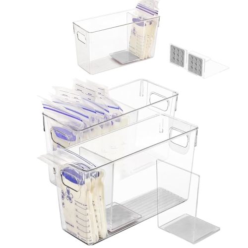 Breastmilk Storage Container with L Shaped Separator Boards, Dividers Will Flatten Standing Breast Milk Bags in Organizer Bins Save Refrigerator Space | 2 Containers-Gray