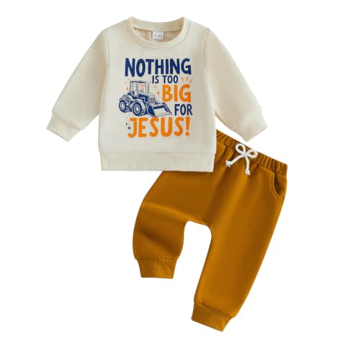 KMBANGI Baby Boy Christian Outfit Jesus Sweatshirt Pants Set Church Clothes | Toddler Boy Christening Clothes Nothing is Too Big for Jesus Truck Sweatshirt Causal Pants Fall Winter Outfit