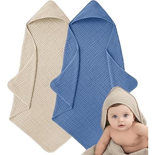 Muslin Hooded Baby Towels for Newborns, 32"x32", 100% Cotton – 6 Layers Super Soft Absorbent Breathable, Baby Bath Towel, Toddler Bath Towel – Pack of 2