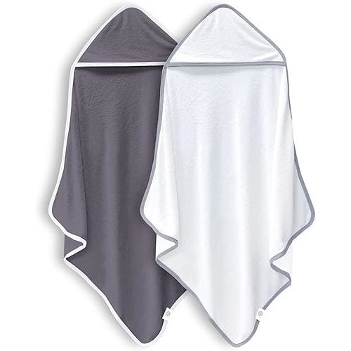 BAMBOO QUEEN 2 Pack Baby Bath Towel - Rayon Made from Bamboo, Ultra Soft Hooded Towels for Babies,Toddler,Infant - Newborn Essential -Perfect Baby Registry Gifts (White and Dark Grey, 30x30 Inch)