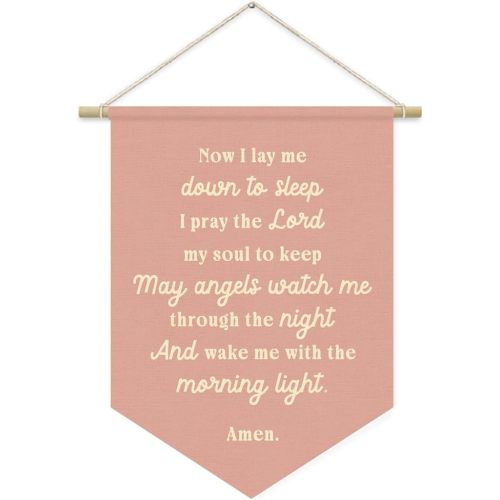 Prayer Nursery Decor,Girls Room Decor - Now I Lay Me Down to Sleep Pink Linen Banner Flag for Little Girl Baby Girl,Wall Hanging Pennant Flag Banner 15x11in