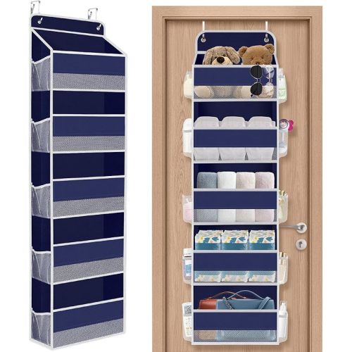 1 Pack Over The Door Organizer, Hanging Storage Organizer with Clear Window, 40lb Ultra Sturdy Large Capacity Room Organizer for Pantry Laundry Bathroom Nursery Closet (Blue)