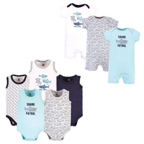 Hudson Baby Infant Boys Cotton Bodysuits and Rompers, 8-Piece, Shark Patrol, 3-6 Months