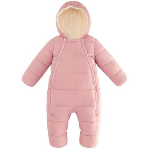 uideazone Baby Girls Boys Snowsuit Toddler Warm Hooded Snow Suit Infant Double Zipper Romper One Piece Puffer Coat 3-24M
