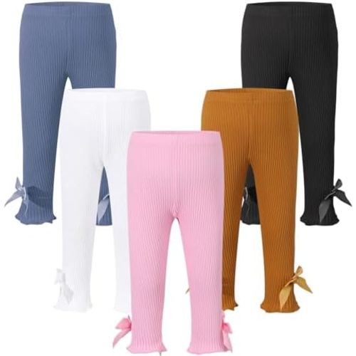 5 Pack Toddler Girls Pants Baby Girl Leggings Ribbed Bow Decor