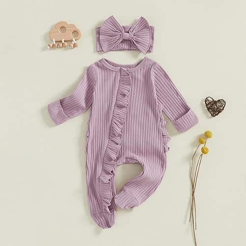 Newborn Baby Girl Fall Winter Outfits Clothes Knit Jumpsuit Ruffle Romper Newborn Coming Home Outfit for Baby Girl