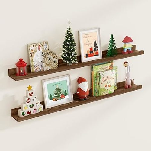 Fun Memories Picture Ledge Shelf for Wall, 48 inch Pine Wood Nursery Book Shelves Set of 2- Wall Book Shelves for Kids Room, Home Decor - Kitchen Spice-Carbonized